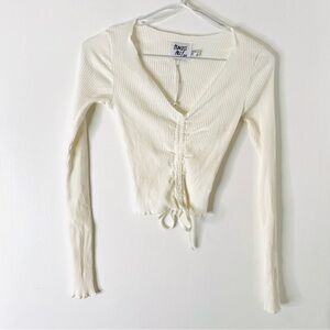 Princess Polly Cream Ivory Ribbed Deep V Ruched Crop Long Sleeve Top Ruffle NWOT